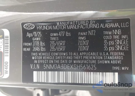 2025 Hyundai Tucson Se из США, поврежденный, VIN 5NMJA3DEXSH561625